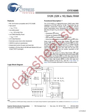 CY7C1020D-10ZSXI datasheet  